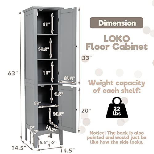 Tall Bathroom Floor Cabinet with Doors, Narrow Slim Linen Tower, 14.5 x 14.5 x 63 inches Espresso H666340