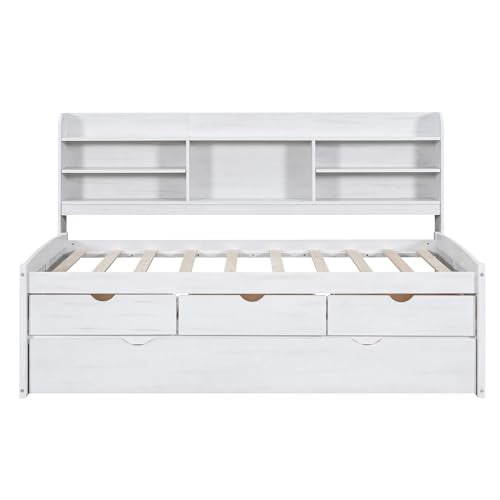 White Wash Wooden Twin Size Captain Bed with Built-in Bookshelves and 3 Storage Drawers and Trundle S277