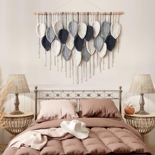 Macrame Wall Hanging Leaf Woven Tapestry Feather Handmade Wall Art 16.5"x29.5" Z88327