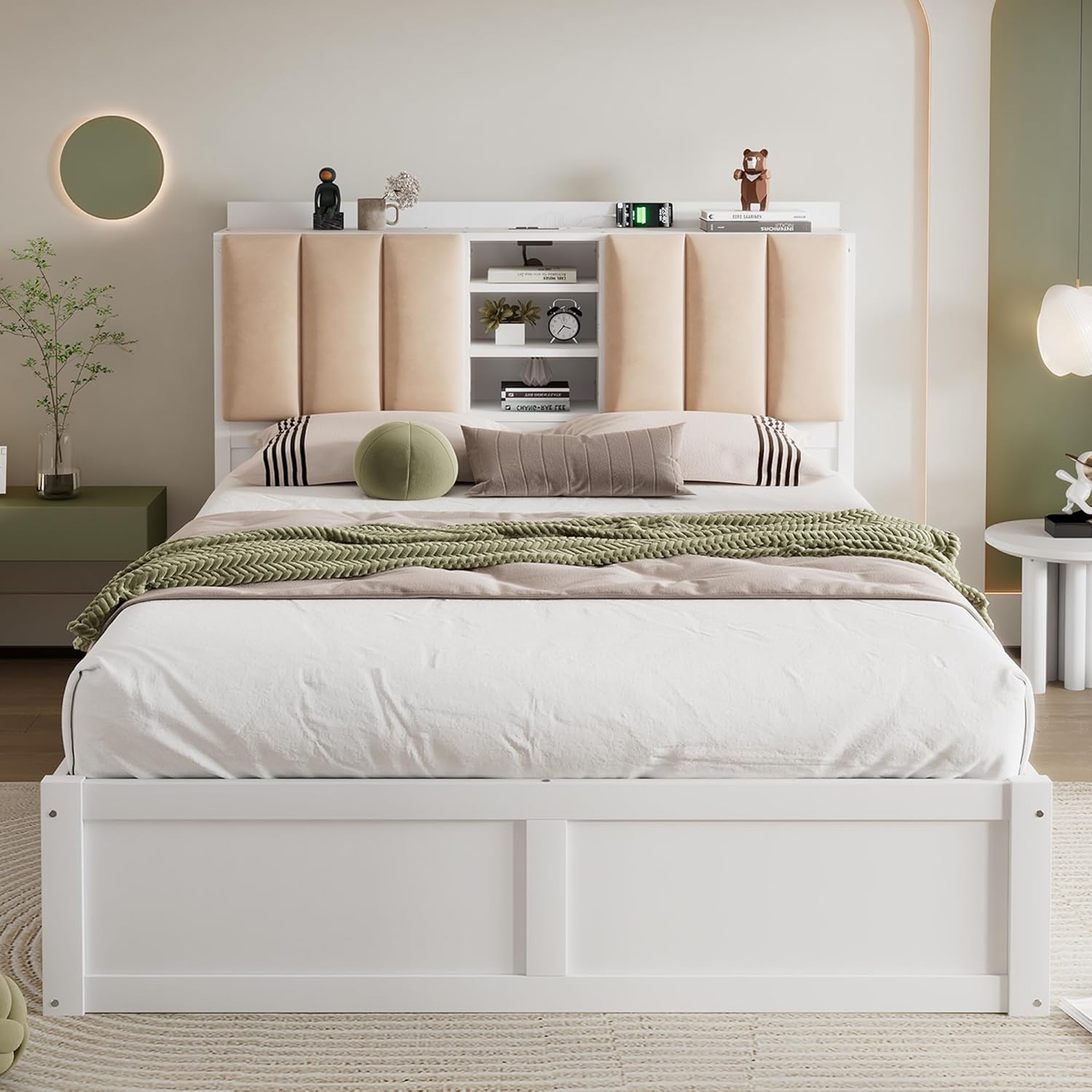 White Wood Full Size Platform Bed with Storage Headboard and 4 Drawers M233