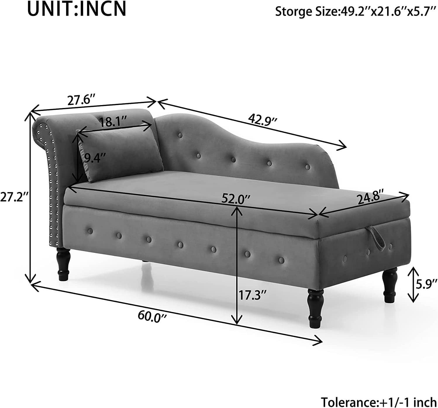 Gray Velvet Chaise Lounge Chair with Storage M8984