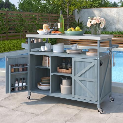 Solid Wood Grill Table with Stainless Steel Top and Internal Storage Racks Q653830