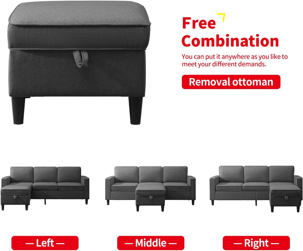 3 Piece Modular Sectional Sofa Set with Storage Ottoman (Dark Gray) F532889