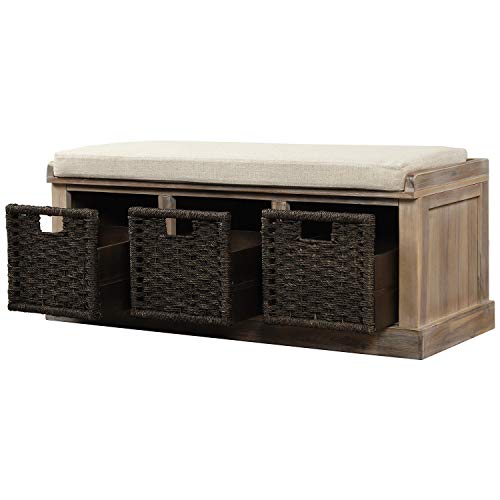 Grey Wicker Storage Bench with Cushion, 3-Drawer and 3 Woven Baskets Y350786