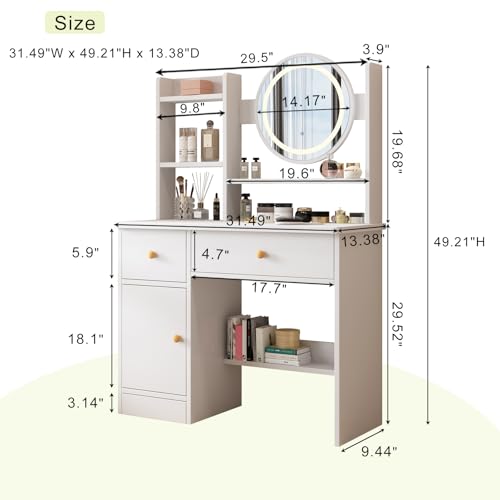 White Vanity Desk with Mirror and Lights, 3 Lighting Modes, Drawers, Open Storage Shelves J3904