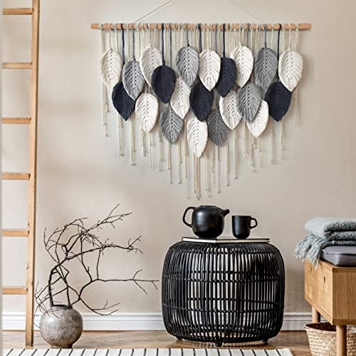 Macrame Wall Hanging Leaf Woven Tapestry Feather Handmade Wall Art 16.5"x29.5" Z88327