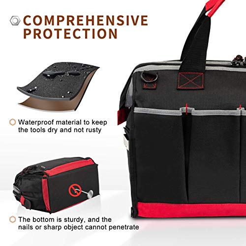 16-inch Wide Mouth Tool Tote Bag with 25 Pockets and Adjustable Shoulder Strap, Black/Red W20410