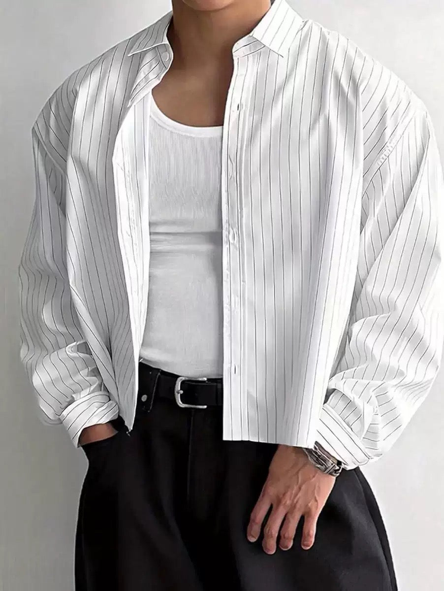 Mens Shirts Mens Vintage Striped Button Up Shirts Lapel Long Sleeve Cropped Loose Fit Blouses Fall Casual Lightweight Shirts