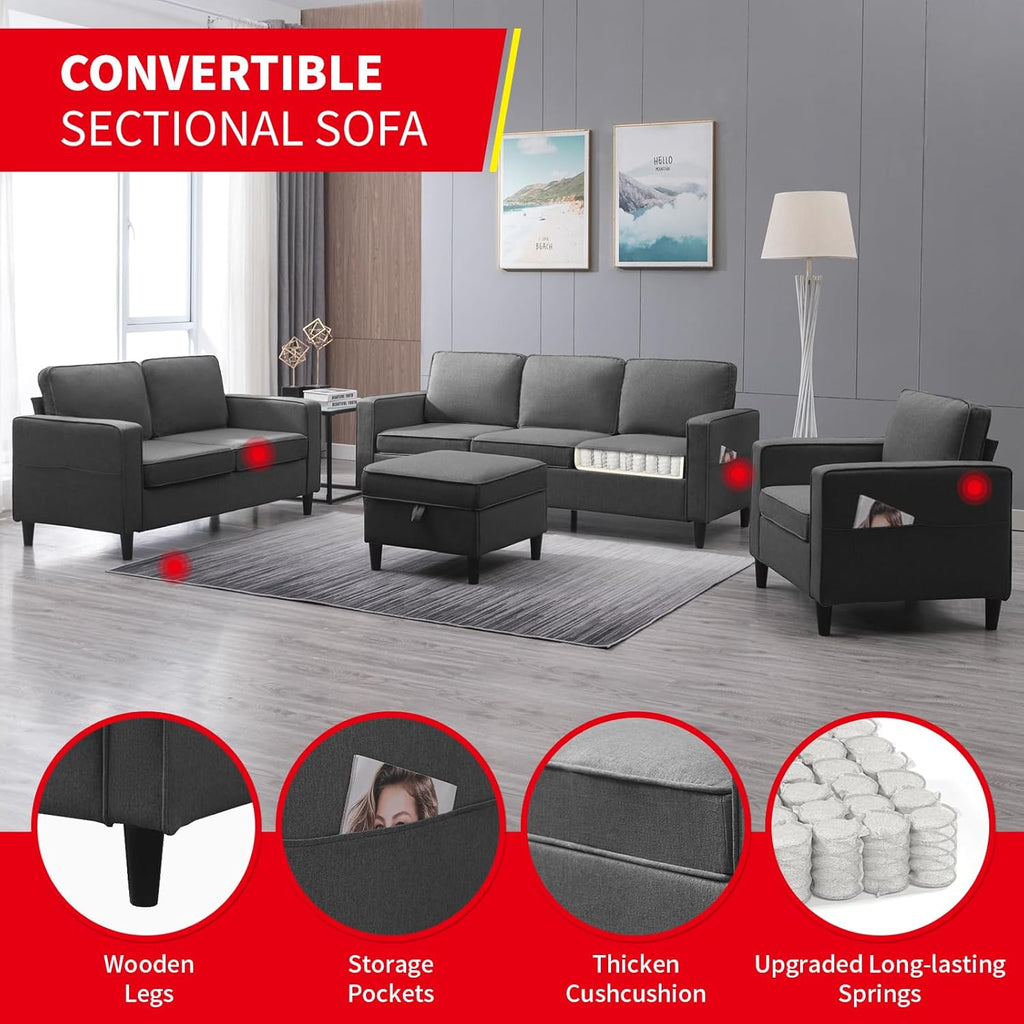 3 Piece Modular Sectional Sofa Set with Storage Ottoman (Dark Gray) F532889