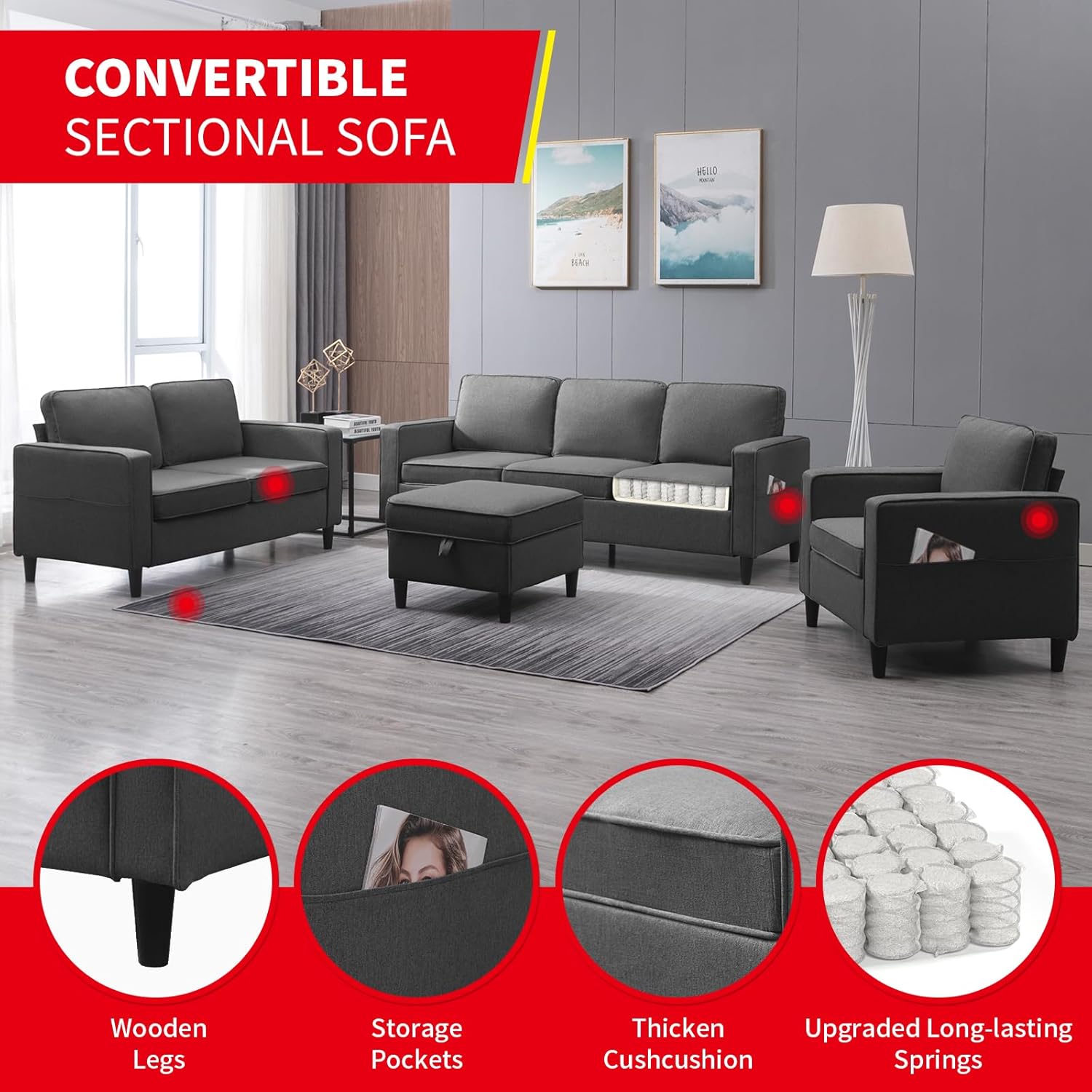 3 Piece Modular Sectional Sofa Set with Storage Ottoman (Dark Gray) F532889