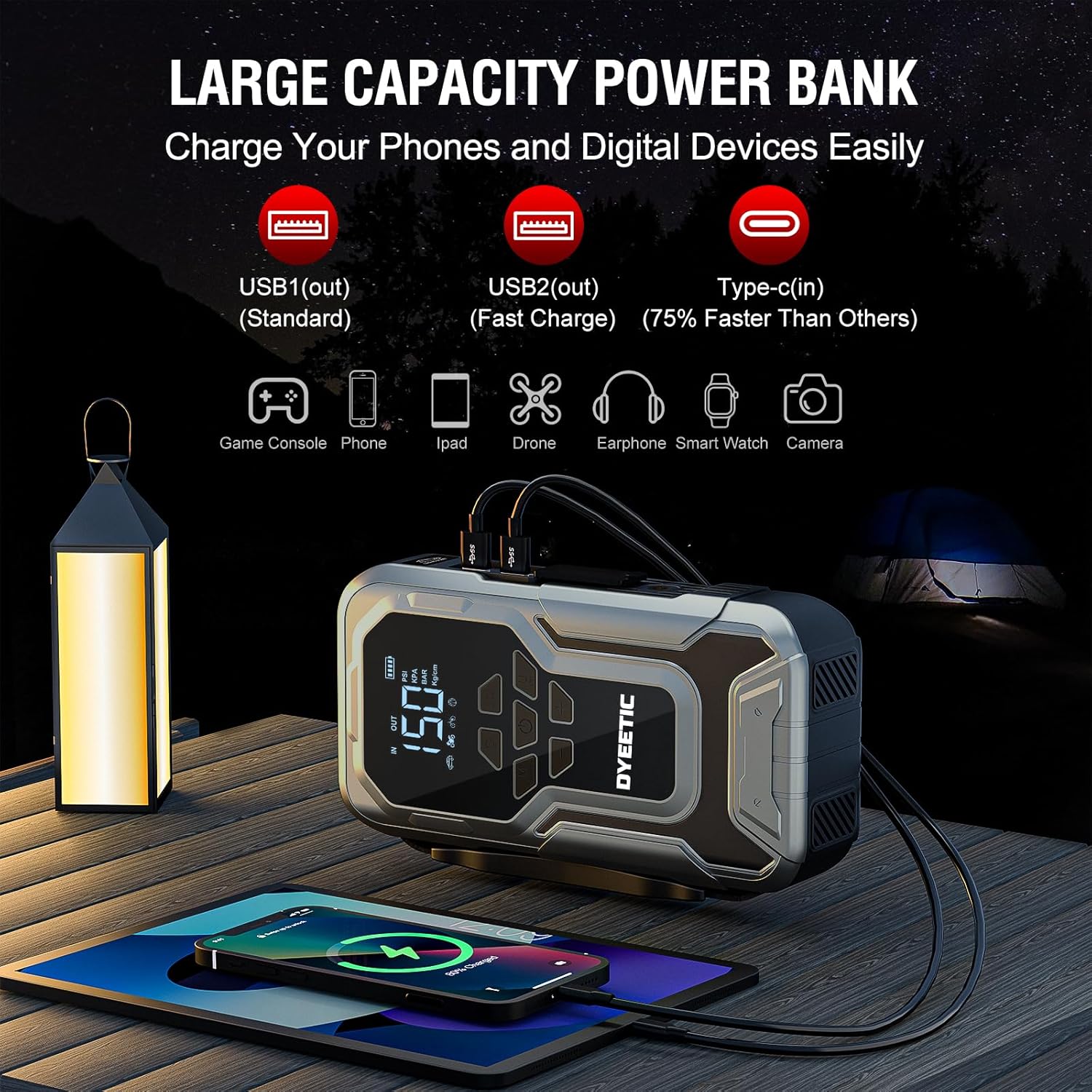 3500A 12V Lithium Battery Jump Starter with 150PSI Tire Inflator T9752