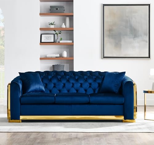 Blue Tufted Velvet 3 Seater Sofa with 2 Pillows J6858
