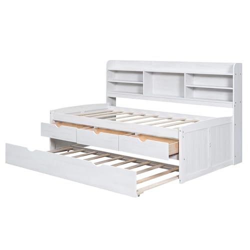 White Wash Wooden Twin Size Captain Bed with Built-in Bookshelves and 3 Storage Drawers and Trundle S277