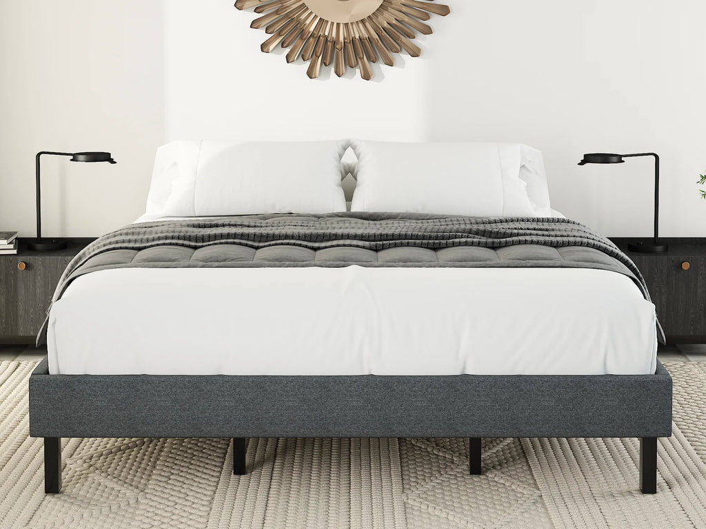 Grey King Size Upholstered Platform Bed Frame with Wood Slats B4453