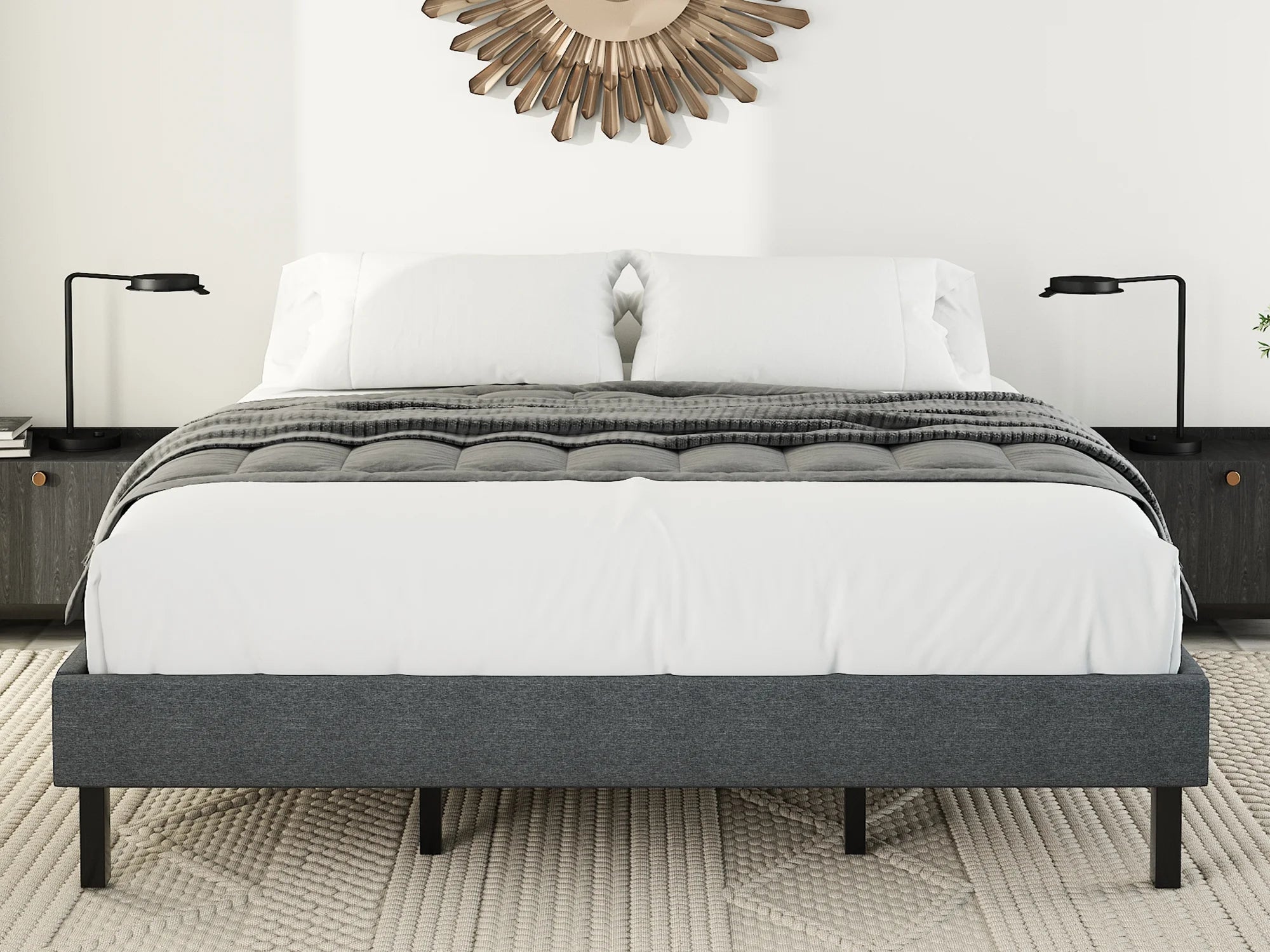Grey King Size Upholstered Platform Bed Frame with Wood Slats B4453