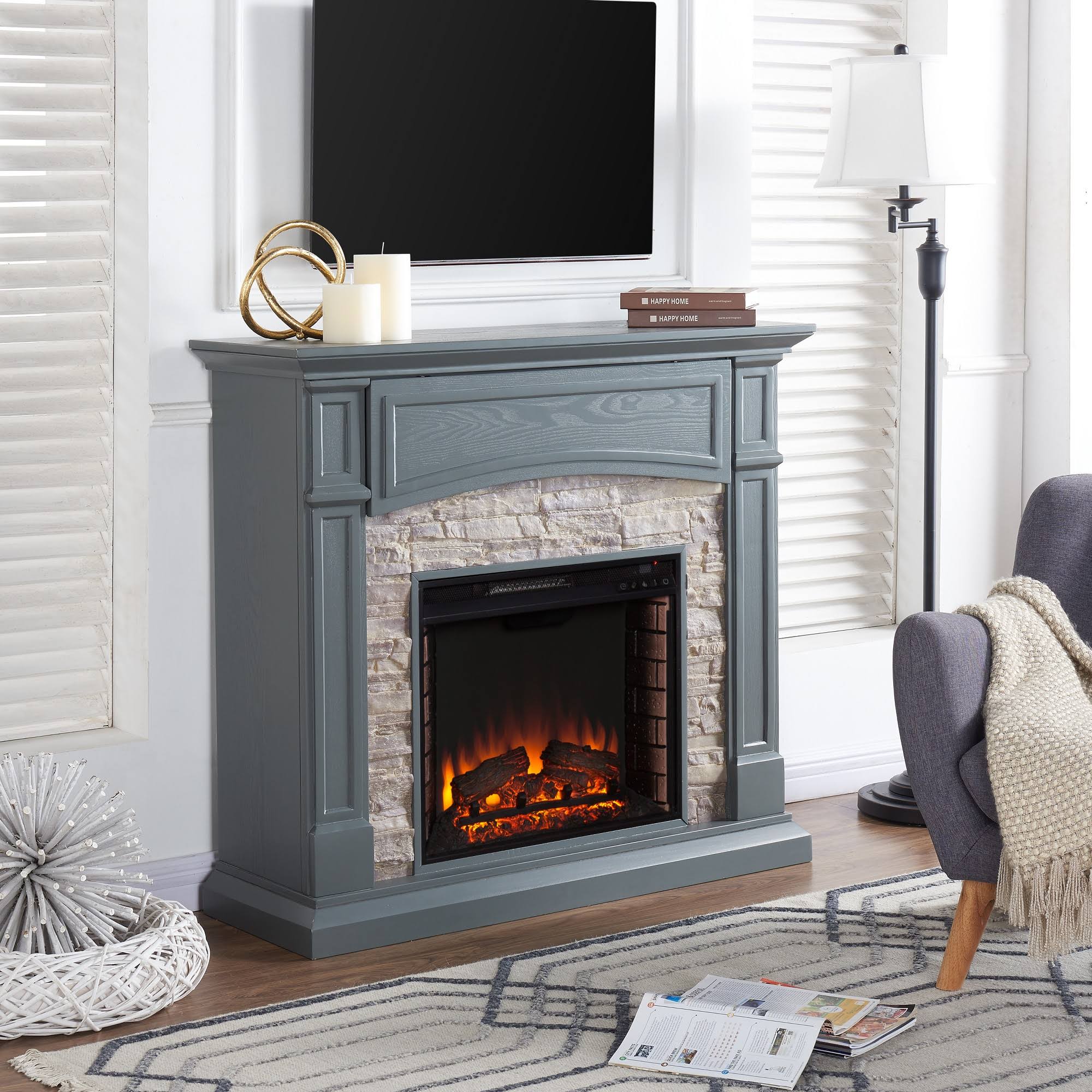 Gray Electric Media Fireplace with Weathered Stone Y3709