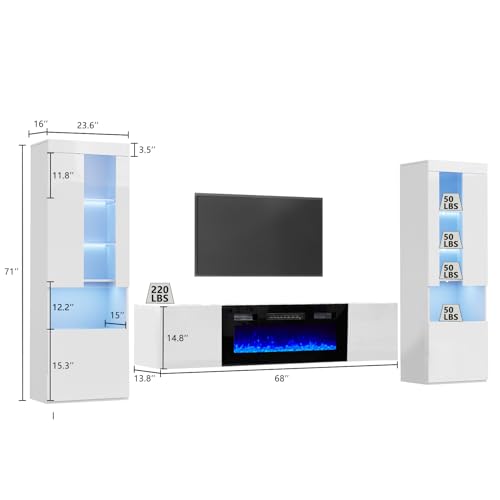 White High Gloss Entertainment Center with LED Lights, 40" Electric Fireplace, 2 Bookcases with Glass Doors L547