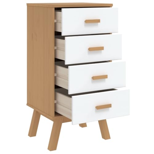 White and Brown Solid Wood Bedside Cabinet with Drawers V64474