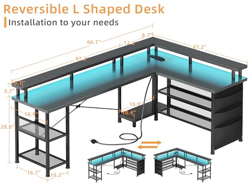 Black Carbon Fiber L Shaped Gaming Desk with Power Outlet and LED Lights O68644