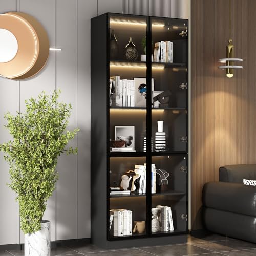 Black Glass Display Cabinet with 5-Tier Shelves and 4 Doors D9293