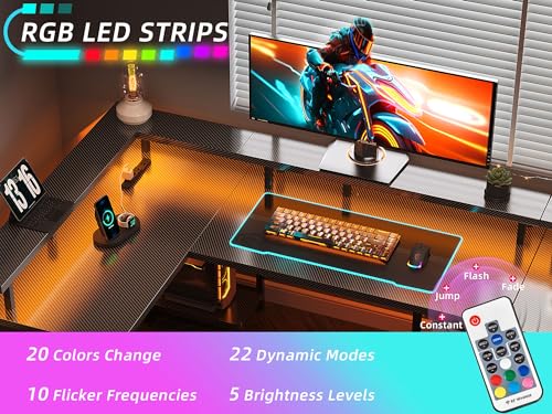 Black Carbon Fiber L Shaped Gaming Desk with Power Outlet and LED Lights O68644