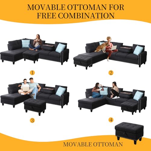 Charcoal Grey L Shaped Sectional Sleeper Sofa with Storage Ottoman L727730