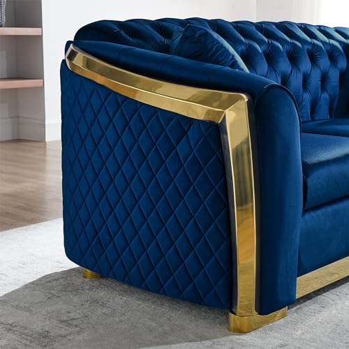 Blue Tufted Velvet 3 Seater Sofa with 2 Pillows J6858