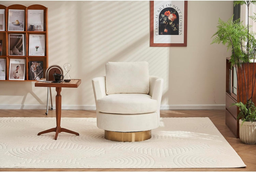 Beige Velvet Swivel Barrel Chair with Gold Stainless Steel Base T511365