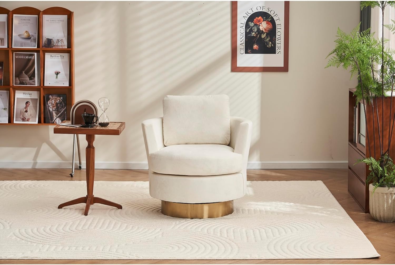 Beige Velvet Swivel Barrel Chair with Gold Stainless Steel Base T511365