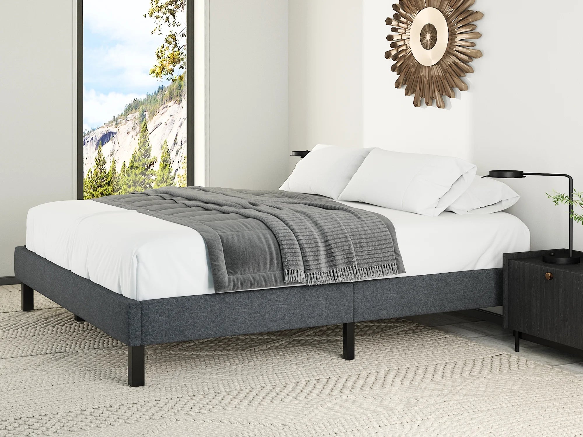 Grey King Size Upholstered Platform Bed Frame with Wood Slats B4453