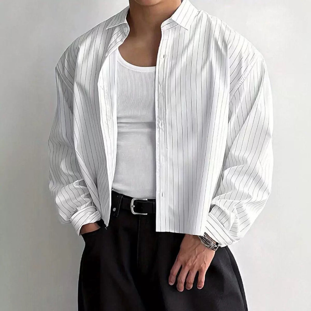 Mens Shirts Mens Vintage Striped Button Up Shirts Lapel Long Sleeve Cropped Loose Fit Blouses Fall Casual Lightweight Shirts