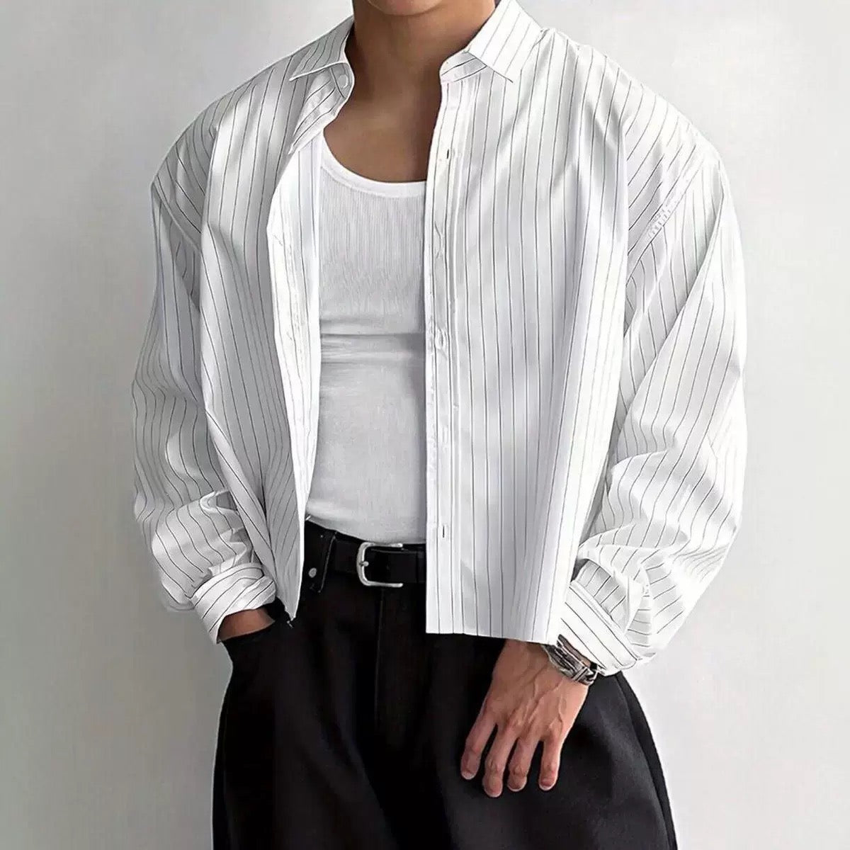 Mens Shirts Mens Vintage Striped Button Up Shirts Lapel Long Sleeve Cropped Loose Fit Blouses Fall Casual Lightweight Shirts