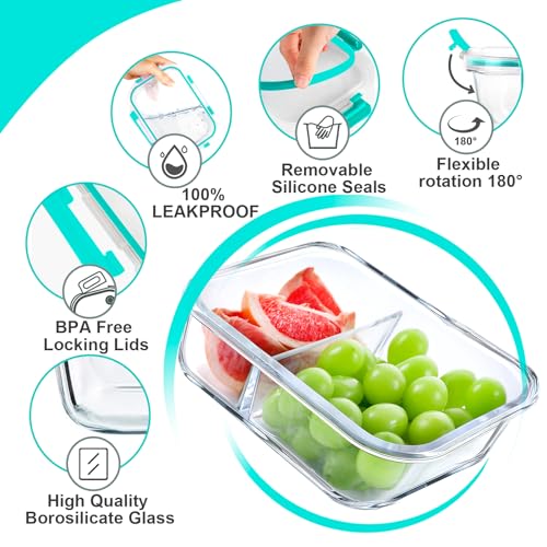 5 Pack Glass Meal Prep Containers 2 Compartment Set, 36OZ Airtight Glass Food Storage Containers with Lids, Grey P726728