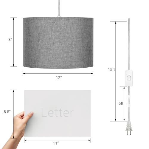 White Fabric Plug In Hanging Pendant Light with 15Ft Cord O779