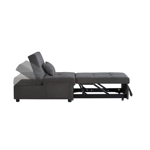 Grey Linen Upholstered Sleeper Sofa Couch with Adjustable Backrest and 1 Pillow P6803