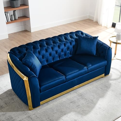 Blue Tufted Velvet 3 Seater Sofa with 2 Pillows J6858