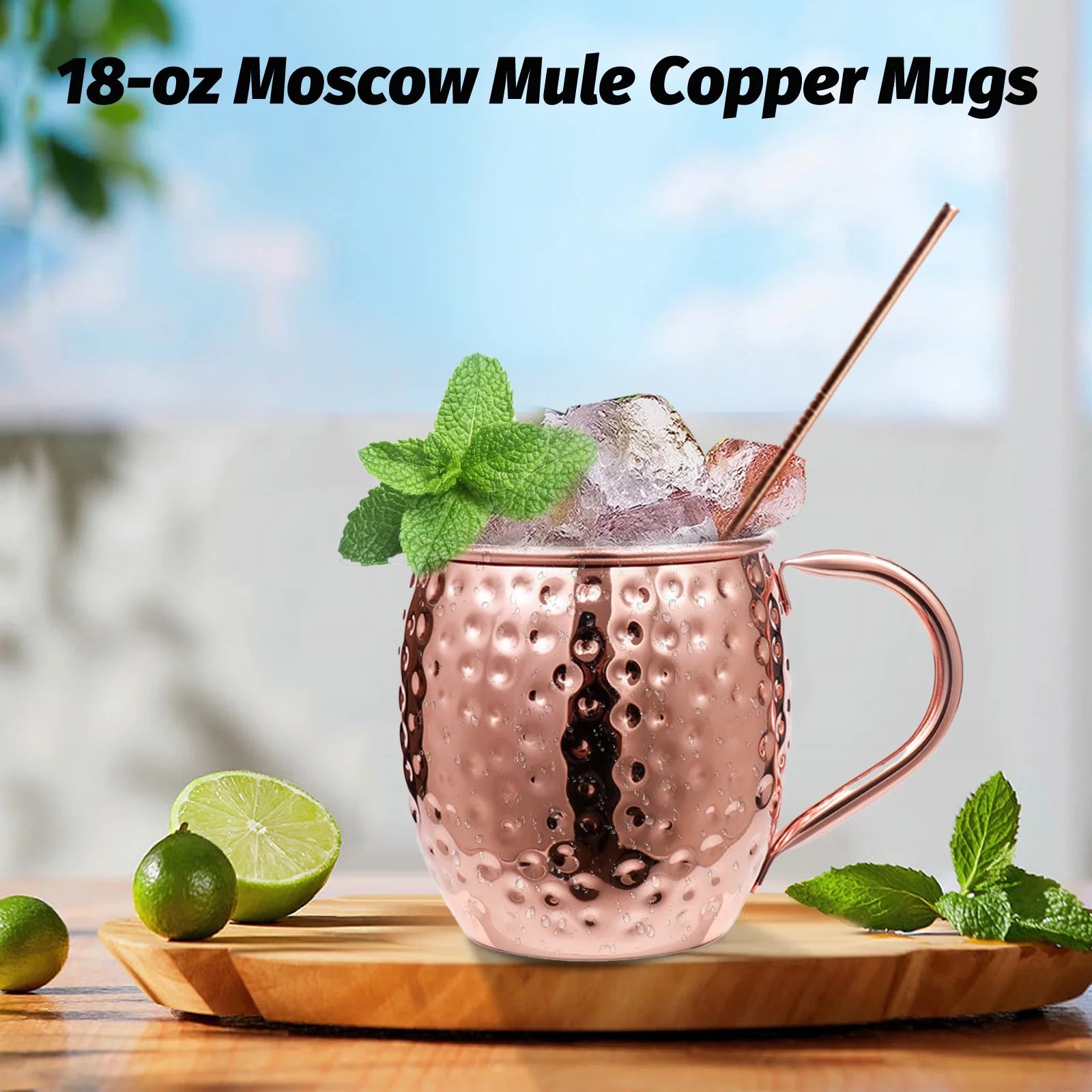 Copper Mugs Set, 18 Stainless Steel Drinking Cup, 4 Cocktail Copper Straws G3376