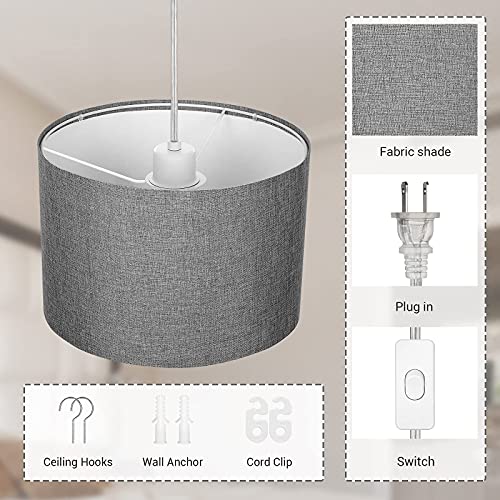 White Fabric Plug In Hanging Pendant Light with 15Ft Cord O779