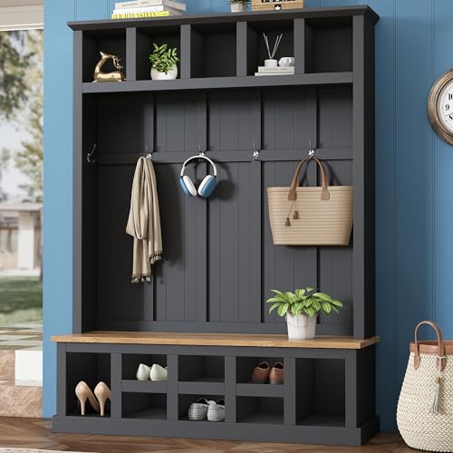 Black Wide Entryway Hall Tree with Storage Bench, Shoe Cabinet with Cube Storage, Coat Rack with 6 Hooks I265321