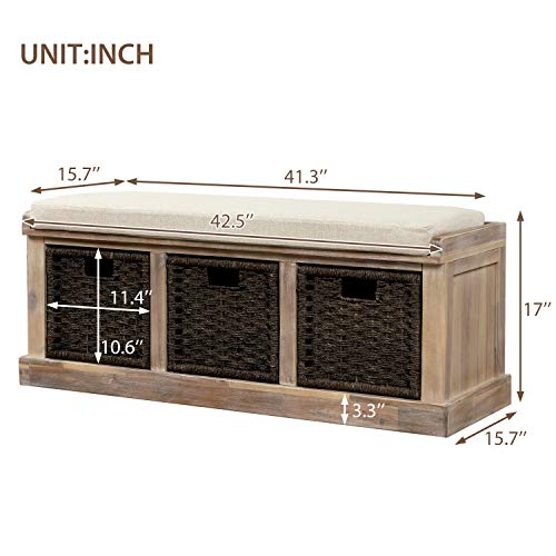 Grey Wicker Storage Bench with Cushion, 3-Drawer and 3 Woven Baskets Y350786