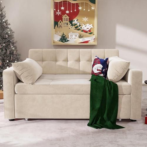 55" Convertible Sofa Bed, 3-in-1 Sleeper Sofa with Pull-Out Bed, Linen Futon Couch, Black A2959