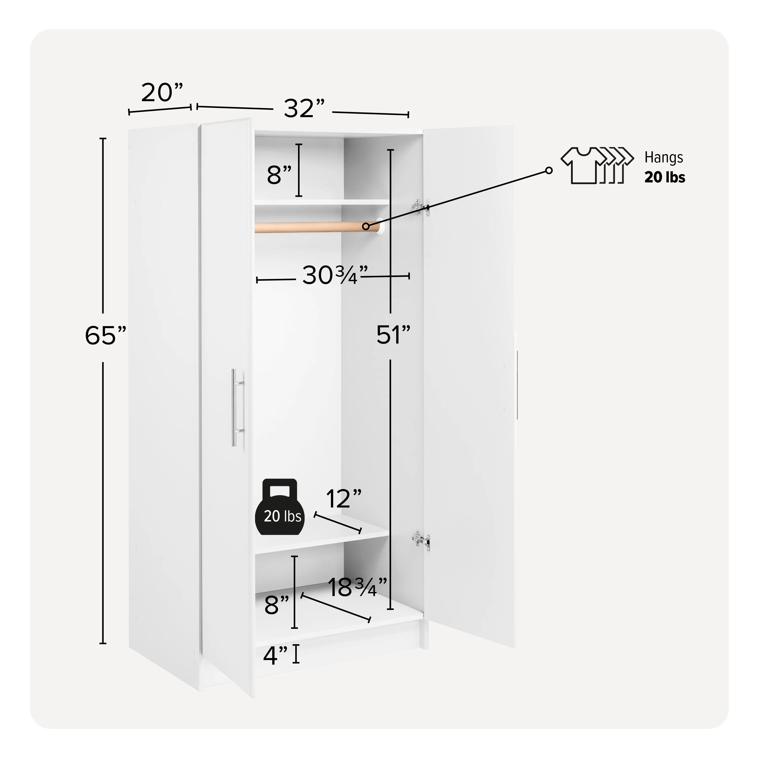 White Wardrobe Closet with Hanging Rail U437