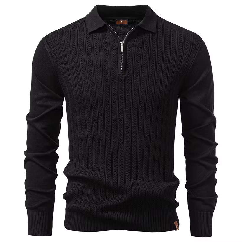 Premium Solid Zip-Up Long-Sleeve Knit Polo Shirt