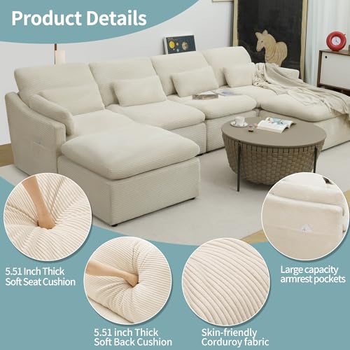 Modular Sectional Sofa, Fluffy Corduroy, Oversized 4 Seater with Ottomans O489940