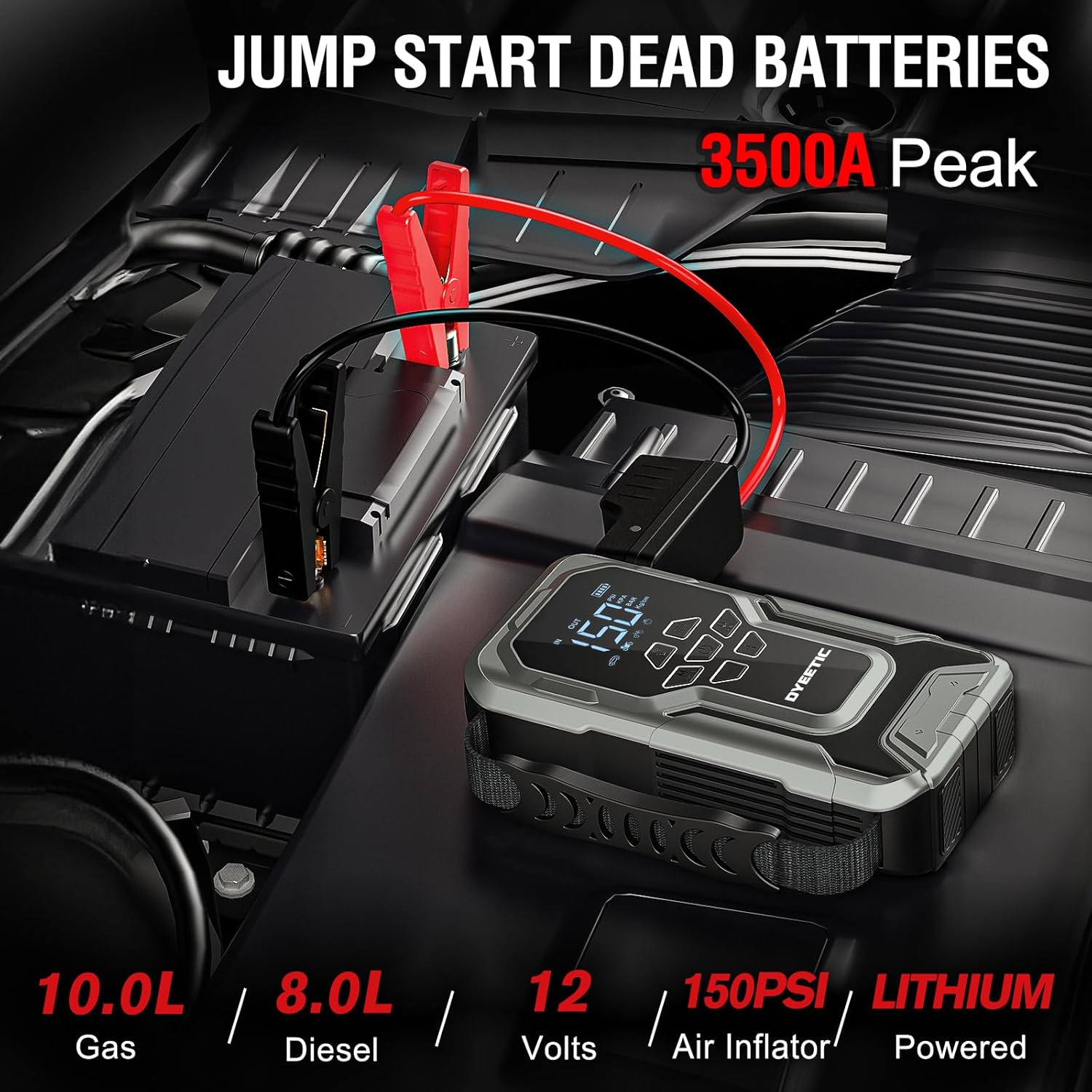 3500A 12V Lithium Battery Jump Starter with 150PSI Tire Inflator T9752