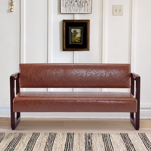 Brown Faux Leather Bench with Backrest T8226