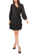 Gray Tiered Metallic Long Sleeve Dress B91193