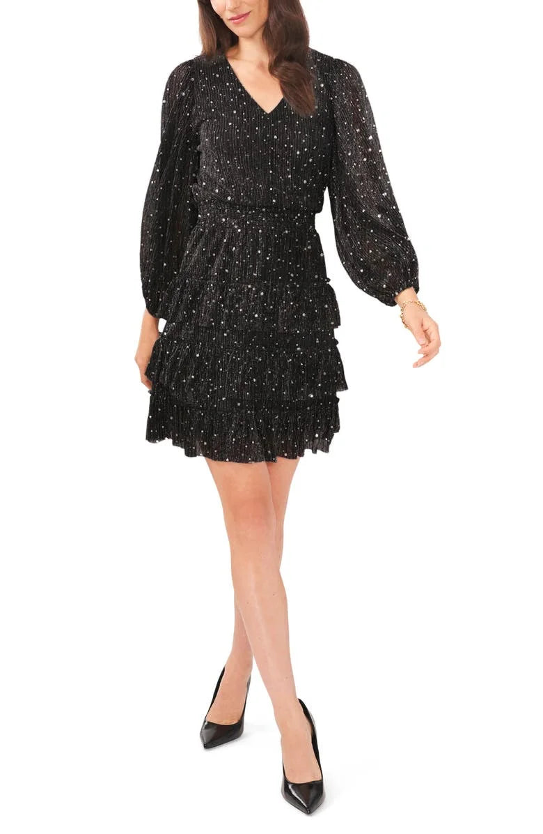 Gray Tiered Metallic Long Sleeve Dress B91193