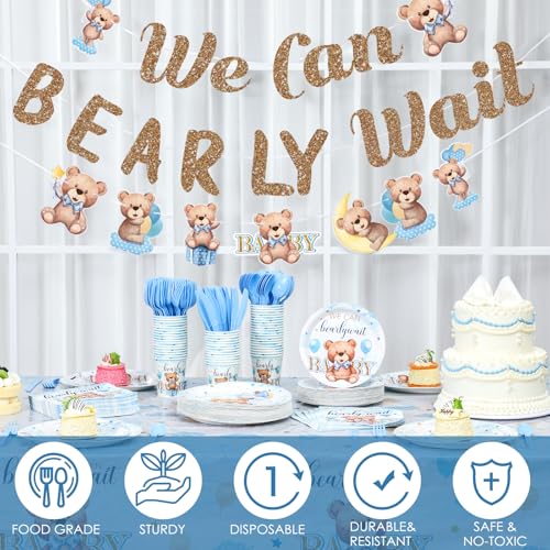 405 Pcs Blue Baby Shower Tableware Set with Plates, Napkins, Cups, Tablecloth, Banner H938
