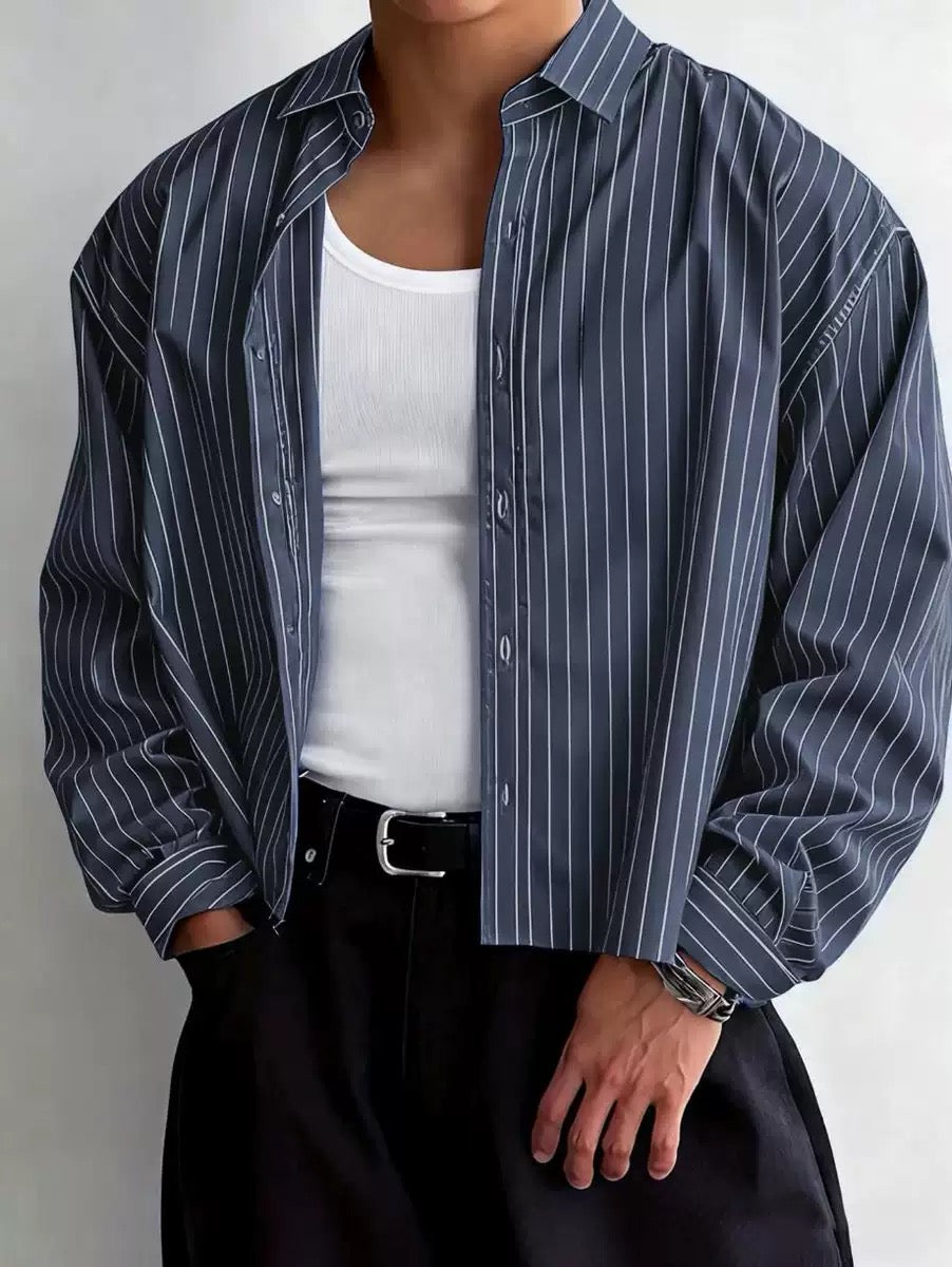 Mens Shirts Mens Vintage Striped Button Up Shirts Lapel Long Sleeve Cropped Loose Fit Blouses Fall Casual Lightweight Shirts